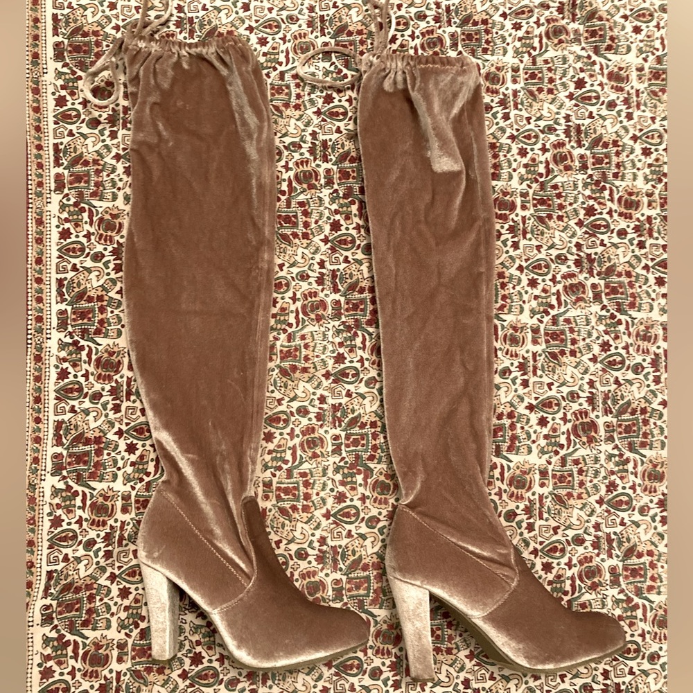 Pink Velvet Over the Knee Boots with Drawstring